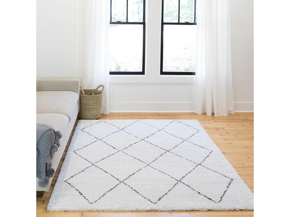 Tapis shaggy 200x290 rectangle tissé crème et gris motif abstrait AMORE 7