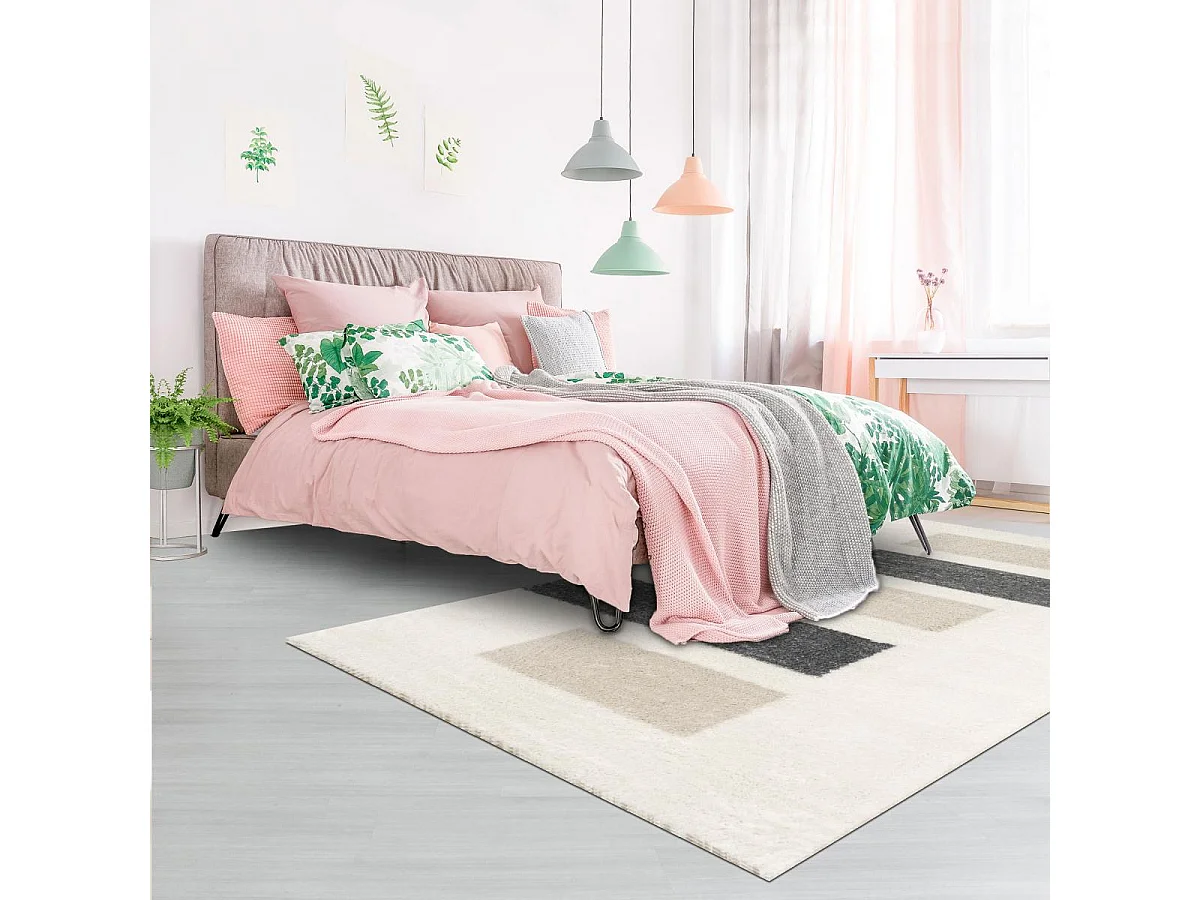 Tapis shaggy 80x150 rectangle tissé marron et gris motif géométrique NUEVO 1