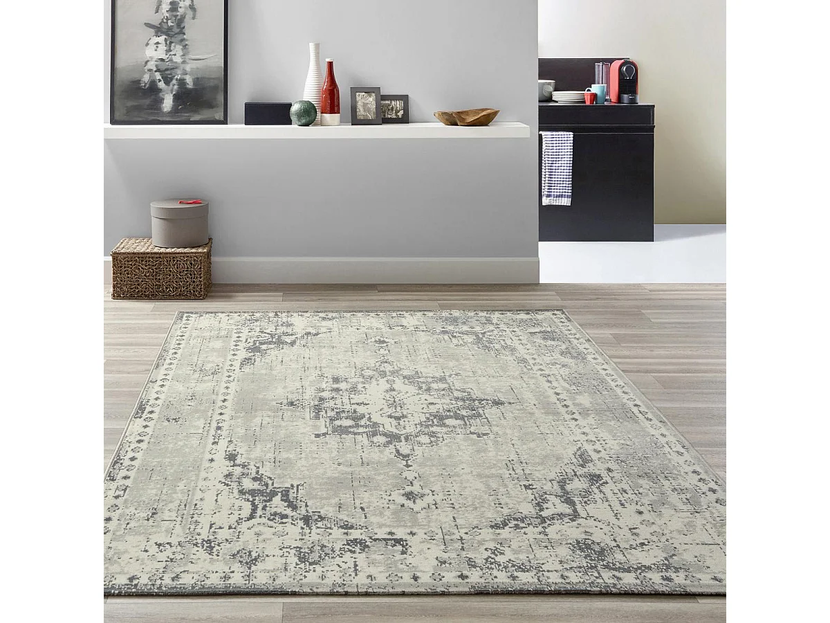 tapis chambre 80x150 tissé gris rectangle motif oriental LUMIN 1