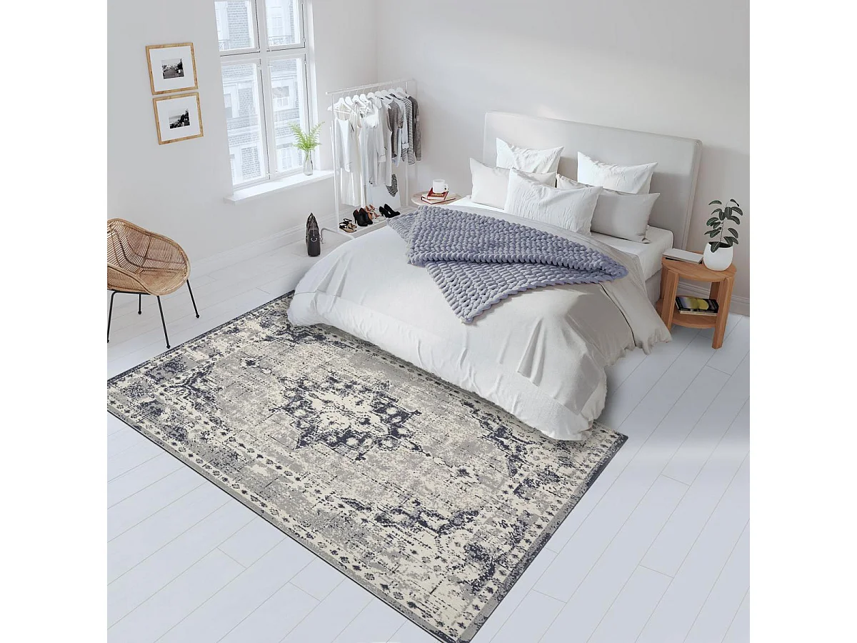 tapis chambre 80x150 tissé gris rectangle motif oriental LUMIN 1