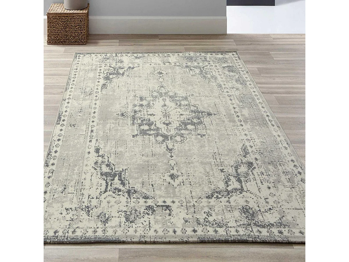 tapis chambre 80x150 tissé gris rectangle motif oriental LUMIN 1