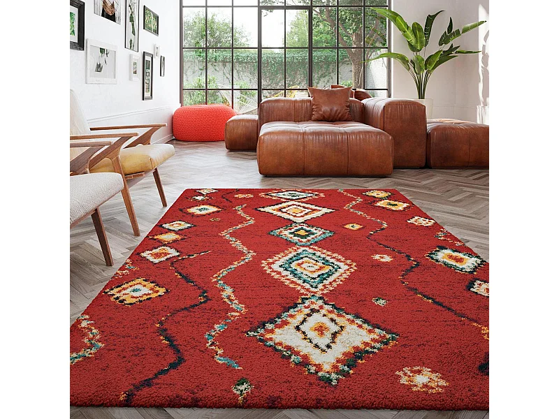 Tapis shaggy 120x170 rectangle tissé rouge et blanc motif berbère AMORE 4
