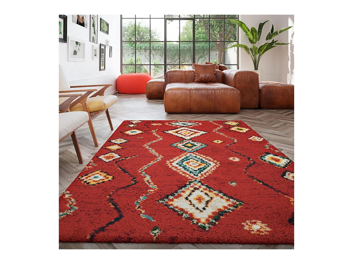 Tapis shaggy 120x170 rectangle tissé rouge et blanc motif berbère AMORE 4