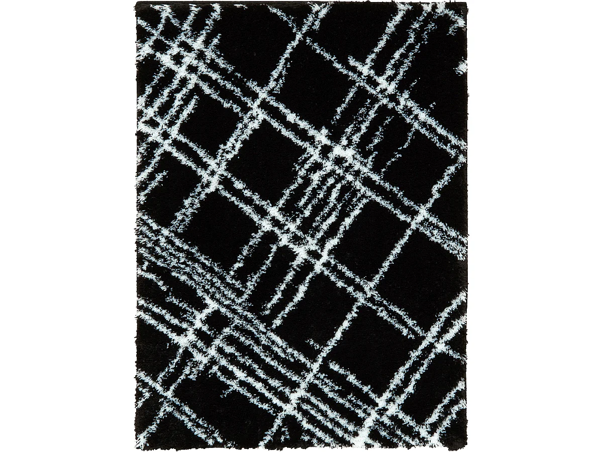 Tapis shaggy 200x290 rectangle tissé noir et blanc motif géométrique EMBER 1