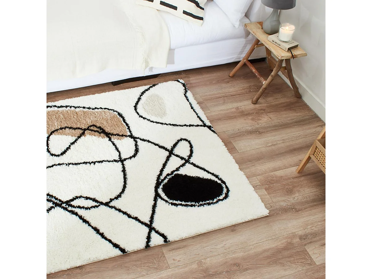Tapis shaggy 80x150 rectangle tissé marron et noir motif géométrique INFINA 1