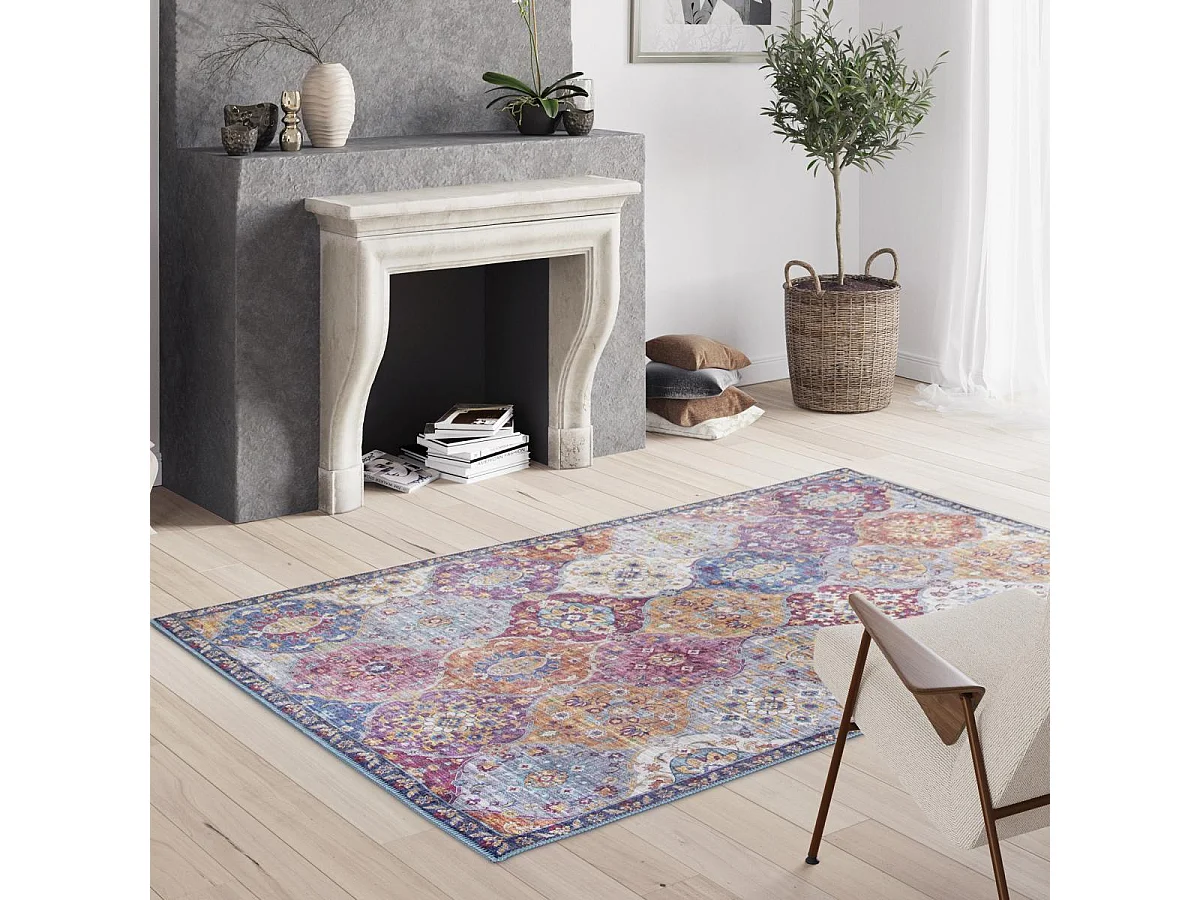 tapis grand salon 200x290 tissé violet et gris rectangle motif ethnique VIVACE 5