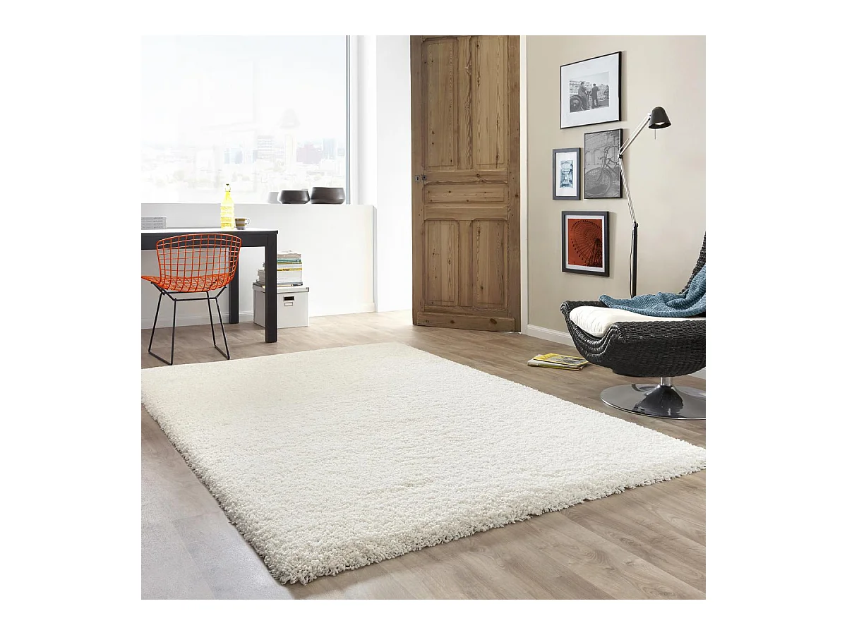 Tapis shaggy 60x115 rectangle tissé crème motif uni FLEURAN