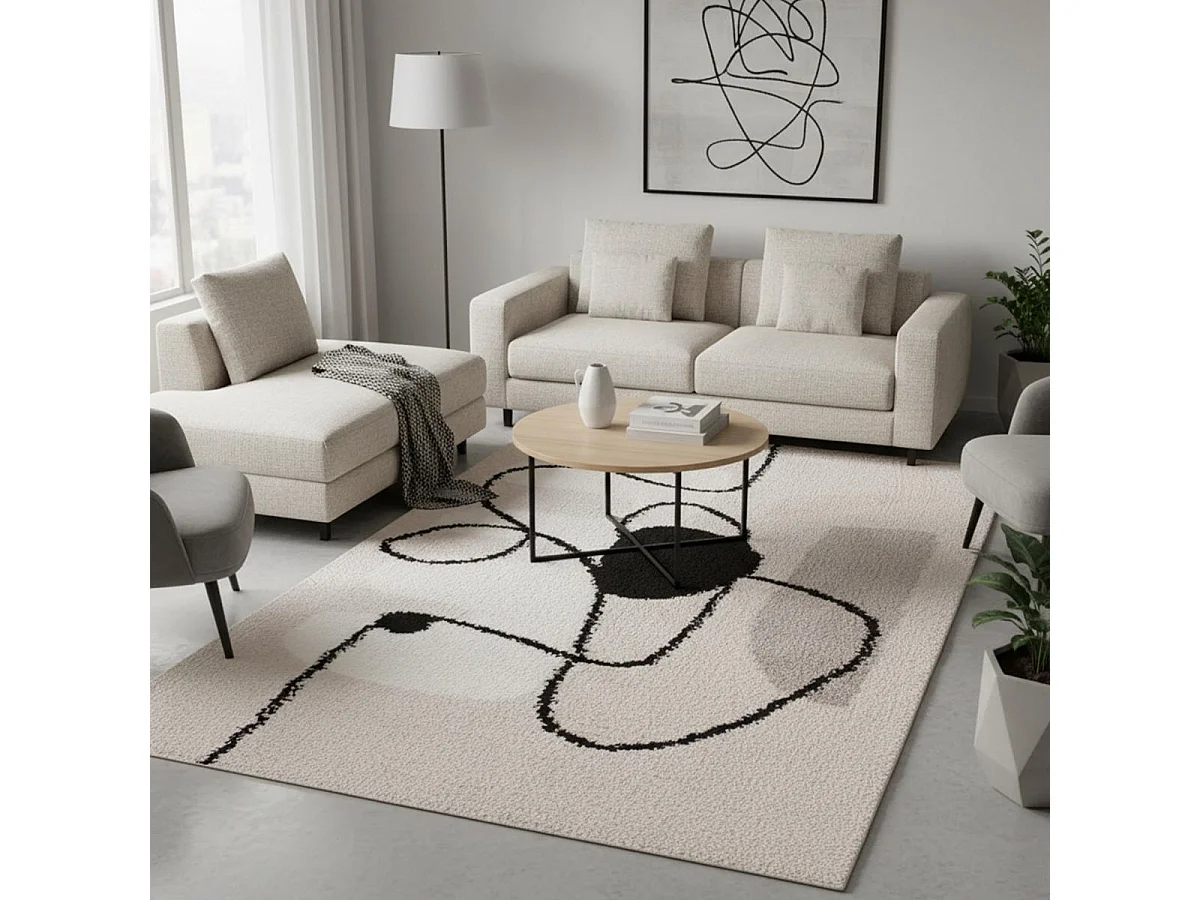 Tapis shaggy 160x230 rectangle tissé marron et noir motif géométrique INFINITA