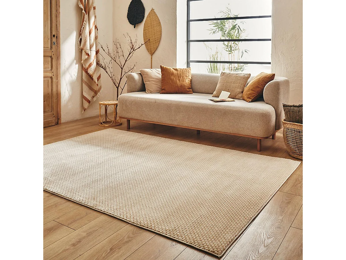 tapis salle à manger 200x290 tissé crème et beige rectangle motif faux uni