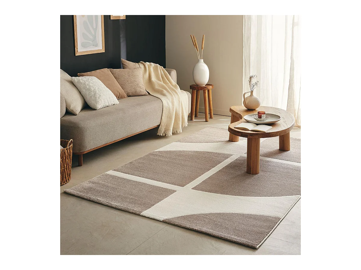 tapis salon 160x230 tissé crème et beige rectangle motif géométrique ECHO