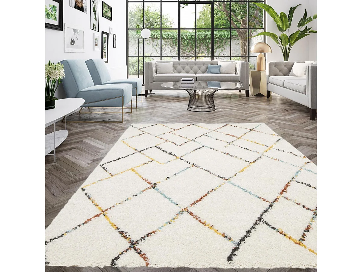 Tapis shaggy 120x170 rectangle tissé crème motif berbère CHROMA 2