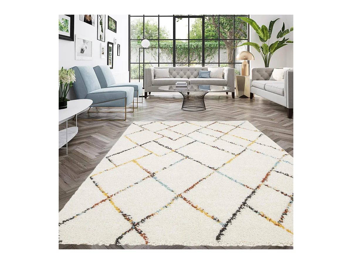 Tapis shaggy 120x170 rectangle tissé crème motif berbère CHROMA 2