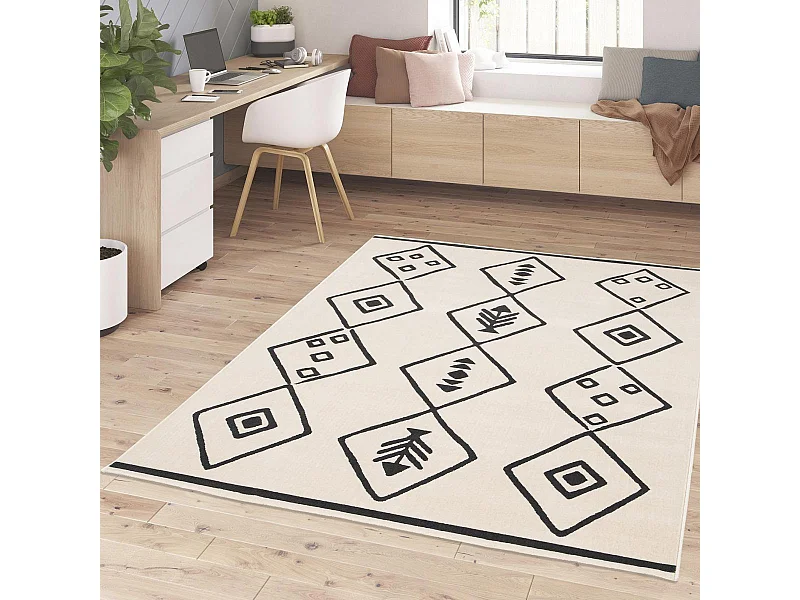 tapis chambre 80x150 tissé crème et noir rectangle motif abstrait FLARINE 3