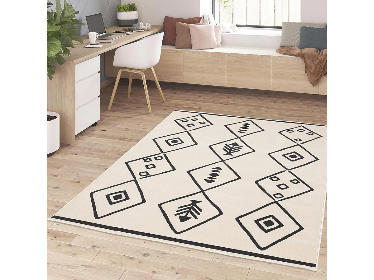 tapis chambre 80x150 tissé crème et noir rectangle motif abstrait FLARINE 3