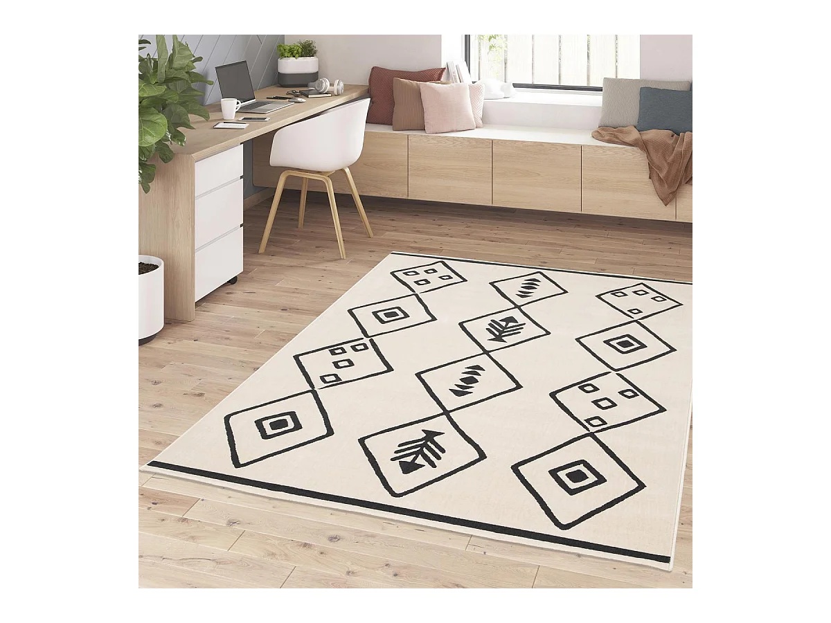 tapis chambre 80x150 tissé crème et noir rectangle motif abstrait FLARINE 3