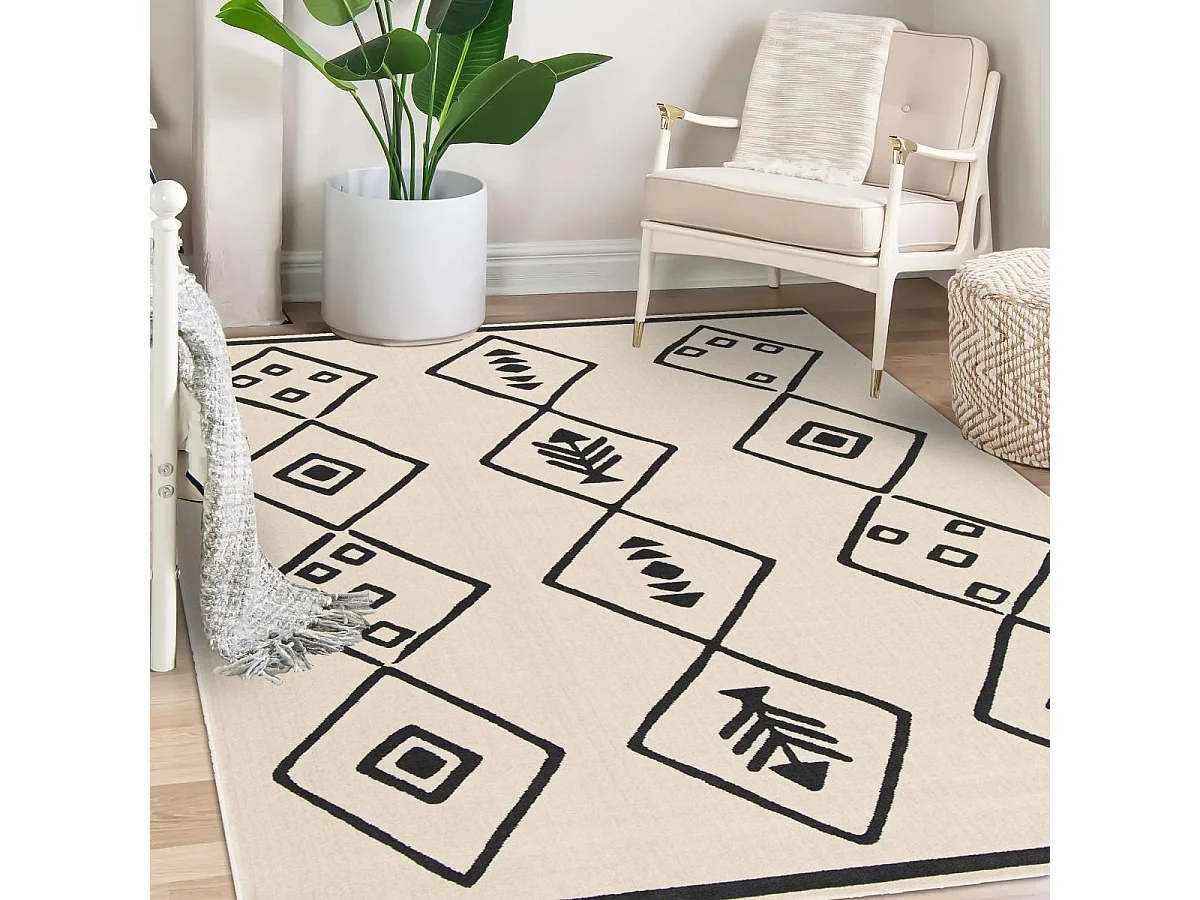 tapis chambre 80x150 tissé crème et noir rectangle motif abstrait FLARINE 3