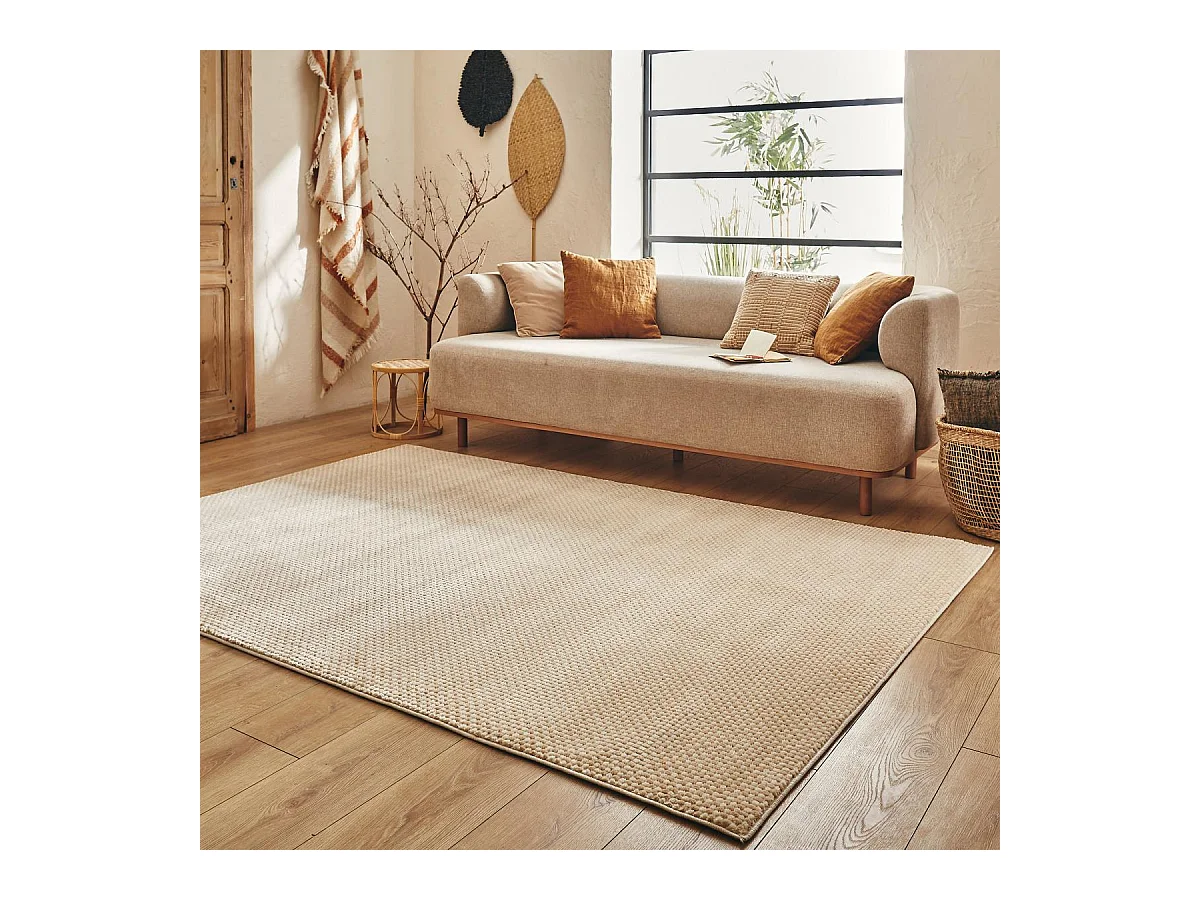 tapis entrée 80x150 tissé crème et beige rectangle motif faux uni LUNKIN 6