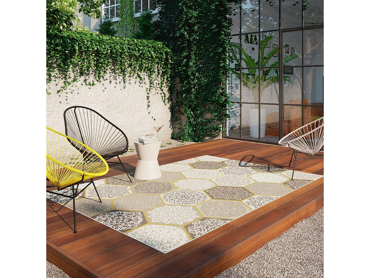 Tapis extérieur 160x230 tissé kilim beige et jaune LUXORA 2