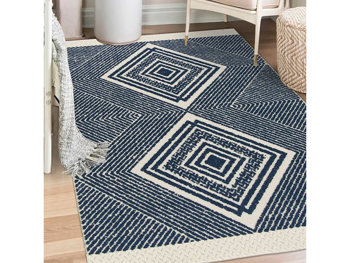 Tapis extérieur 160x230 tissé kilim bleu et crème TUNDRA 3