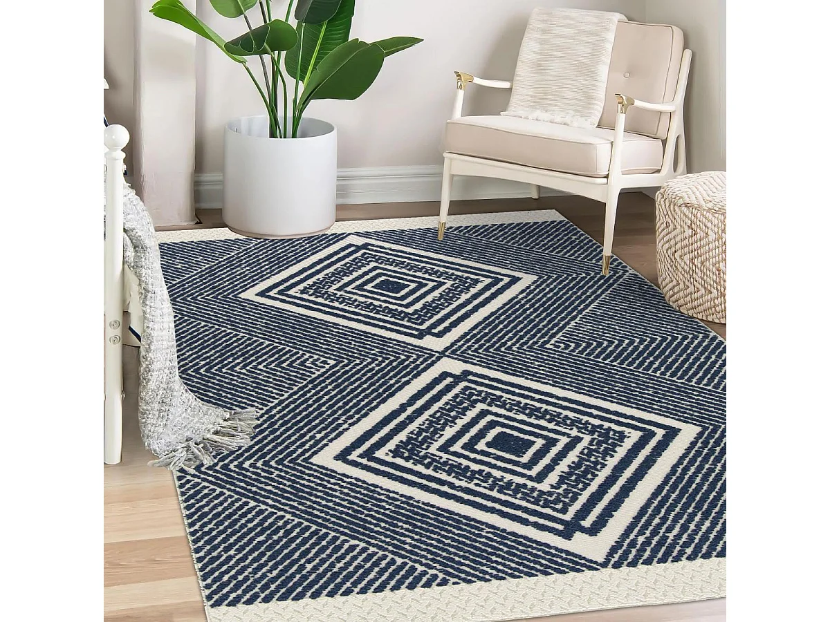 Tapis extérieur 160x230 tissé kilim bleu et crème TUNDRA 3