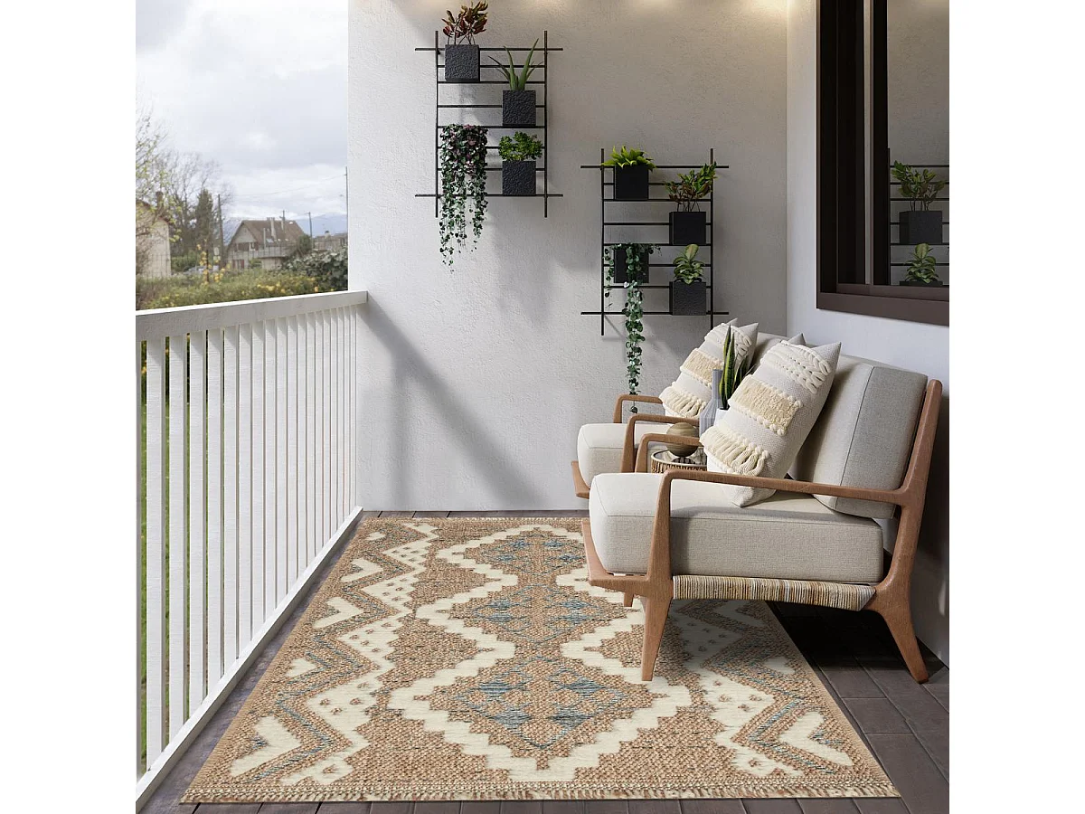 Tapis extérieur 120x170 tissé kilim marron et bleu ZEPHYR