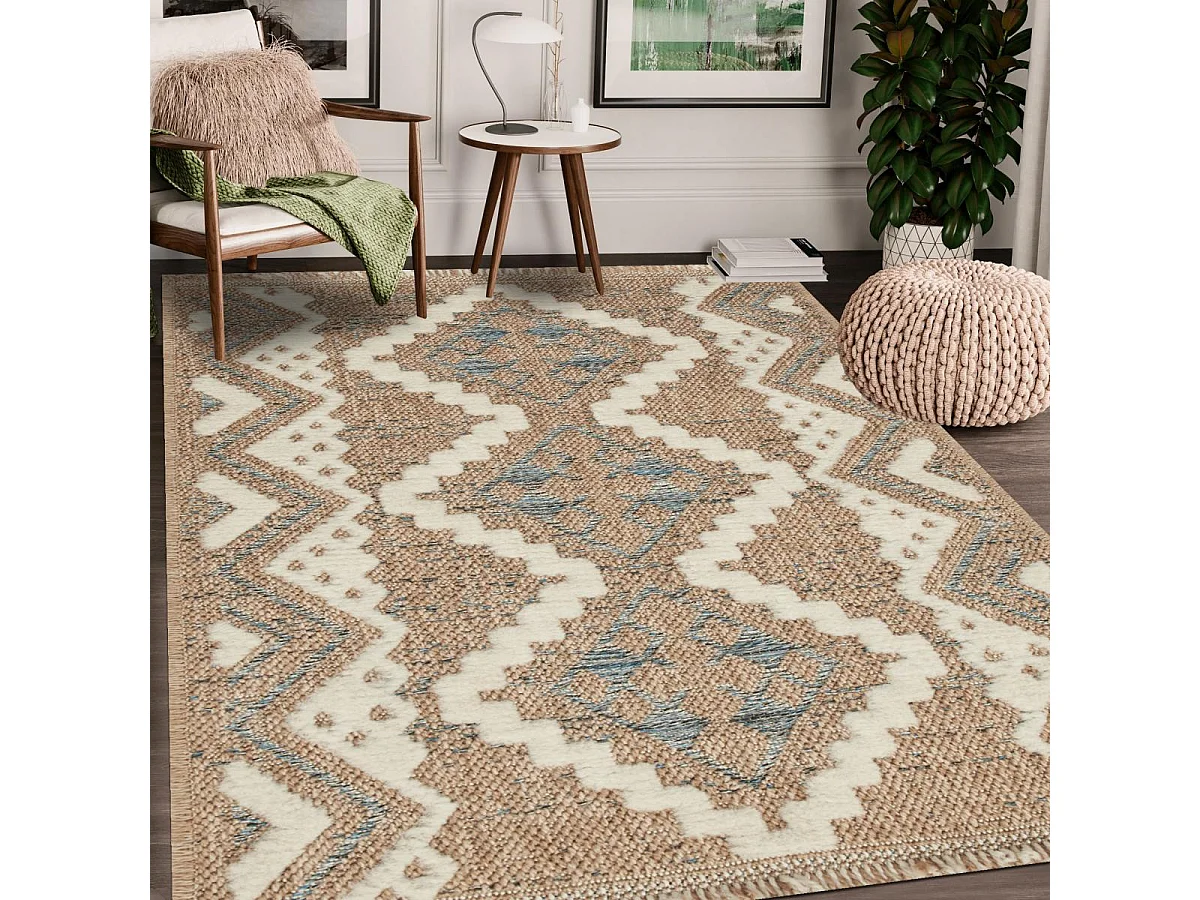 Tapis extérieur 120x170 tissé kilim marron et bleu ZEPHYR