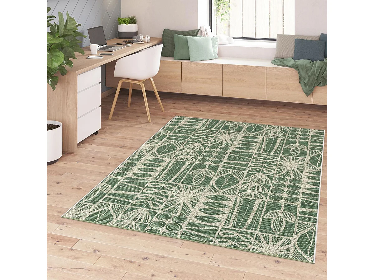Tapis extérieur 120x170 tissé kilim vert et crème CASADA 1