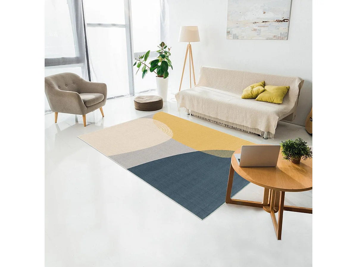 tapis chambre 80x150 tissé bleu et jaune rectangle motif abstrait FLARINE 4