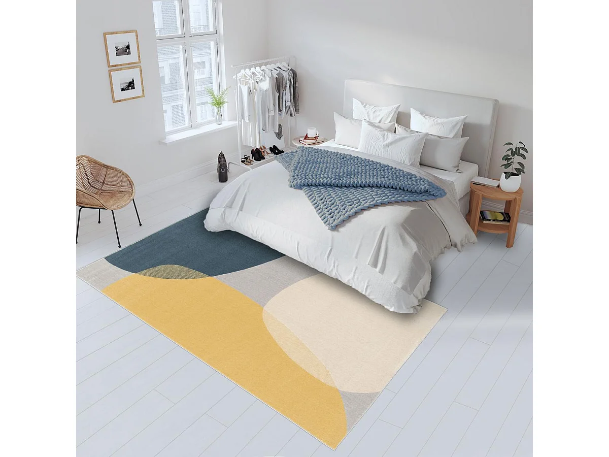 tapis chambre 80x150 tissé bleu et jaune rectangle motif abstrait FLARINE 4
