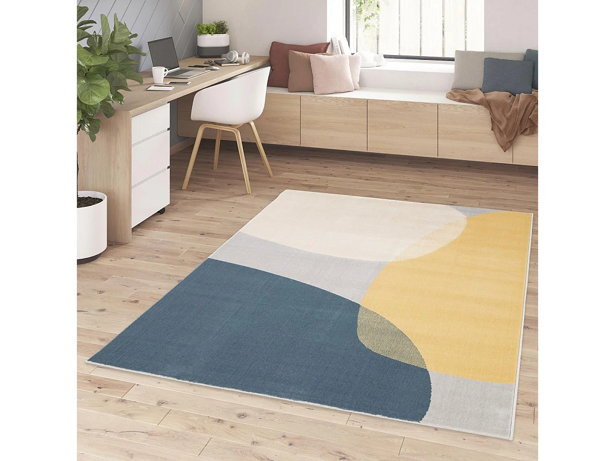 tapis chambre 80x150 tissé bleu et jaune rectangle motif abstrait FLARINE 4