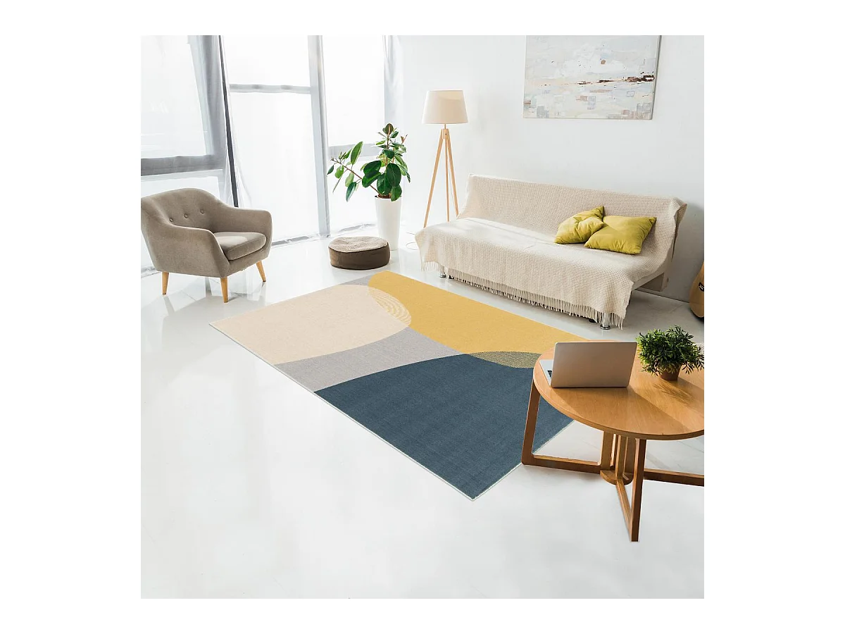 tapis chambre 80x150 tissé bleu et jaune rectangle motif abstrait FLARINE 4