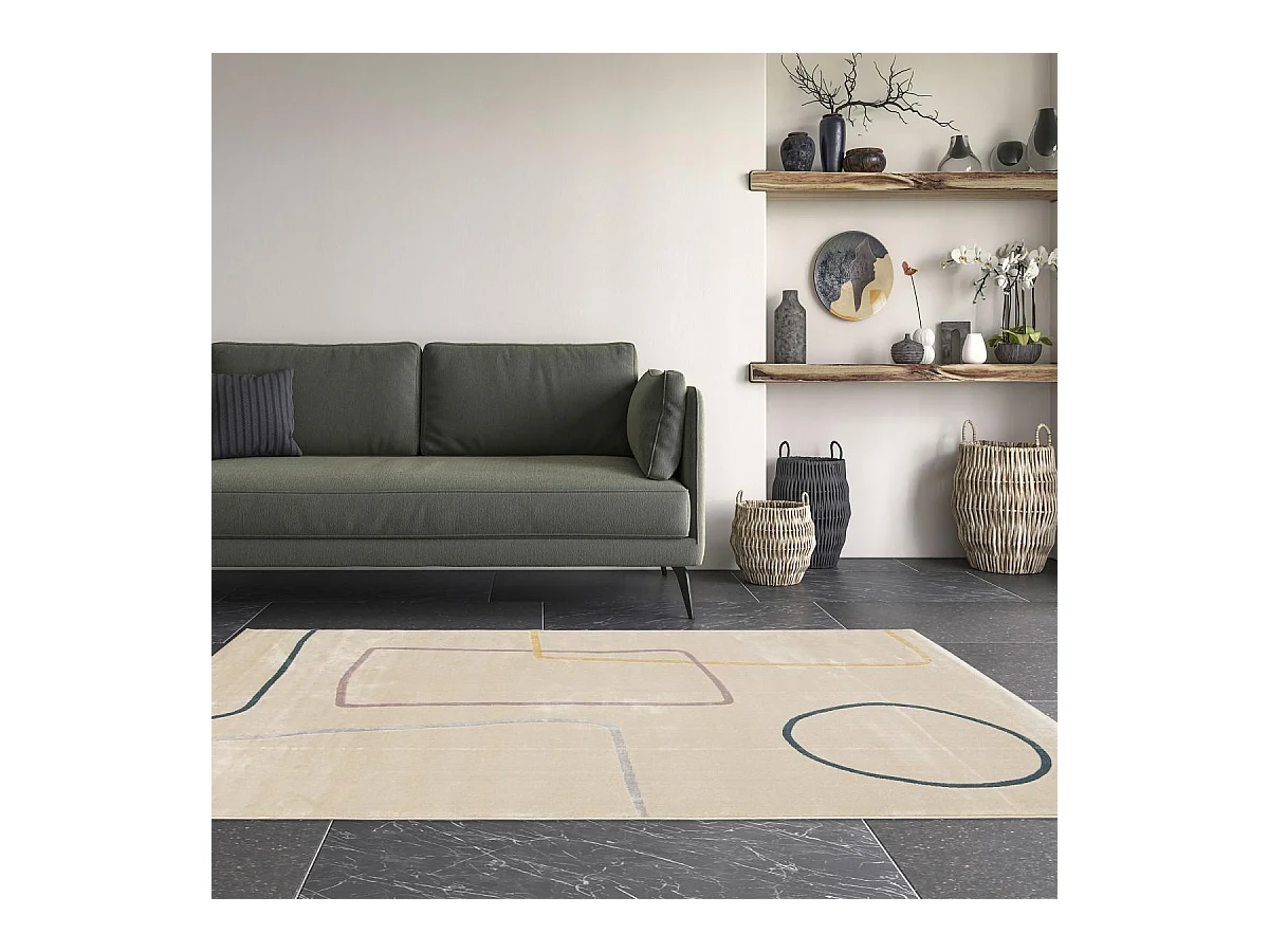 tapis chambre 80x150 tissé beige et jaune rectangle motif abstrait FLARINE 5
