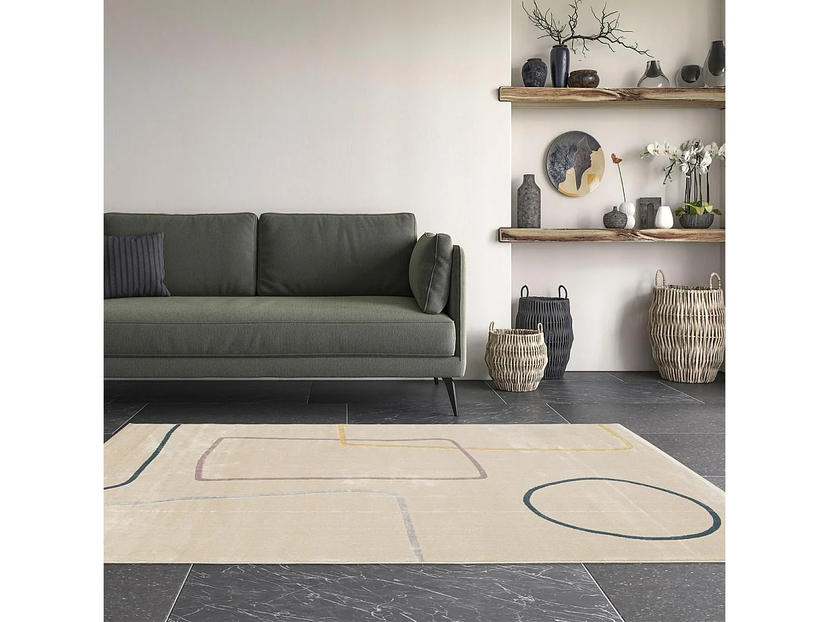 tapis chambre 80x150 tissé beige et jaune rectangle motif abstrait FLARINE 5