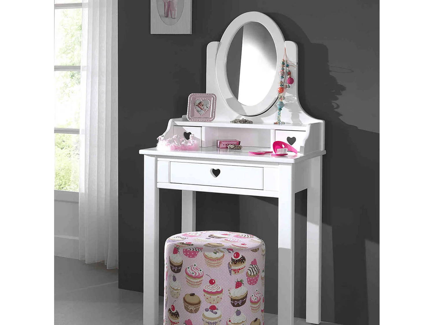 Coiffeuse bois blanc + miroir - Terre de Nuit