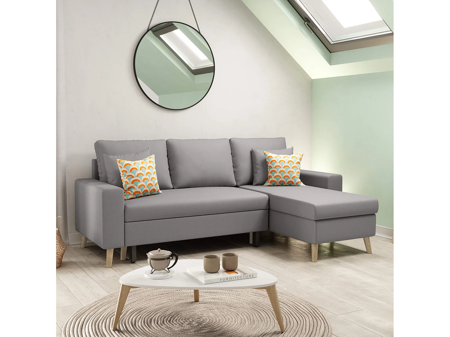 Canapé convertible d'angle scandinave 3 places en tissu gris clair - CA00002