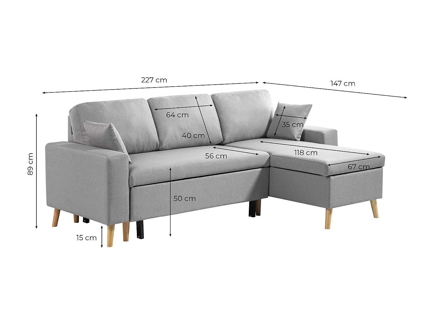 Canapé convertible d'angle scandinave 3 places en tissu gris clair - CA00002