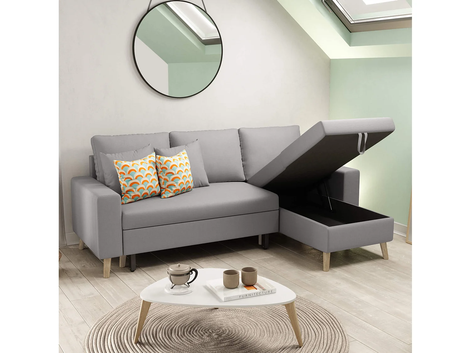 Canapé convertible d'angle scandinave 3 places en tissu gris clair - CA00002