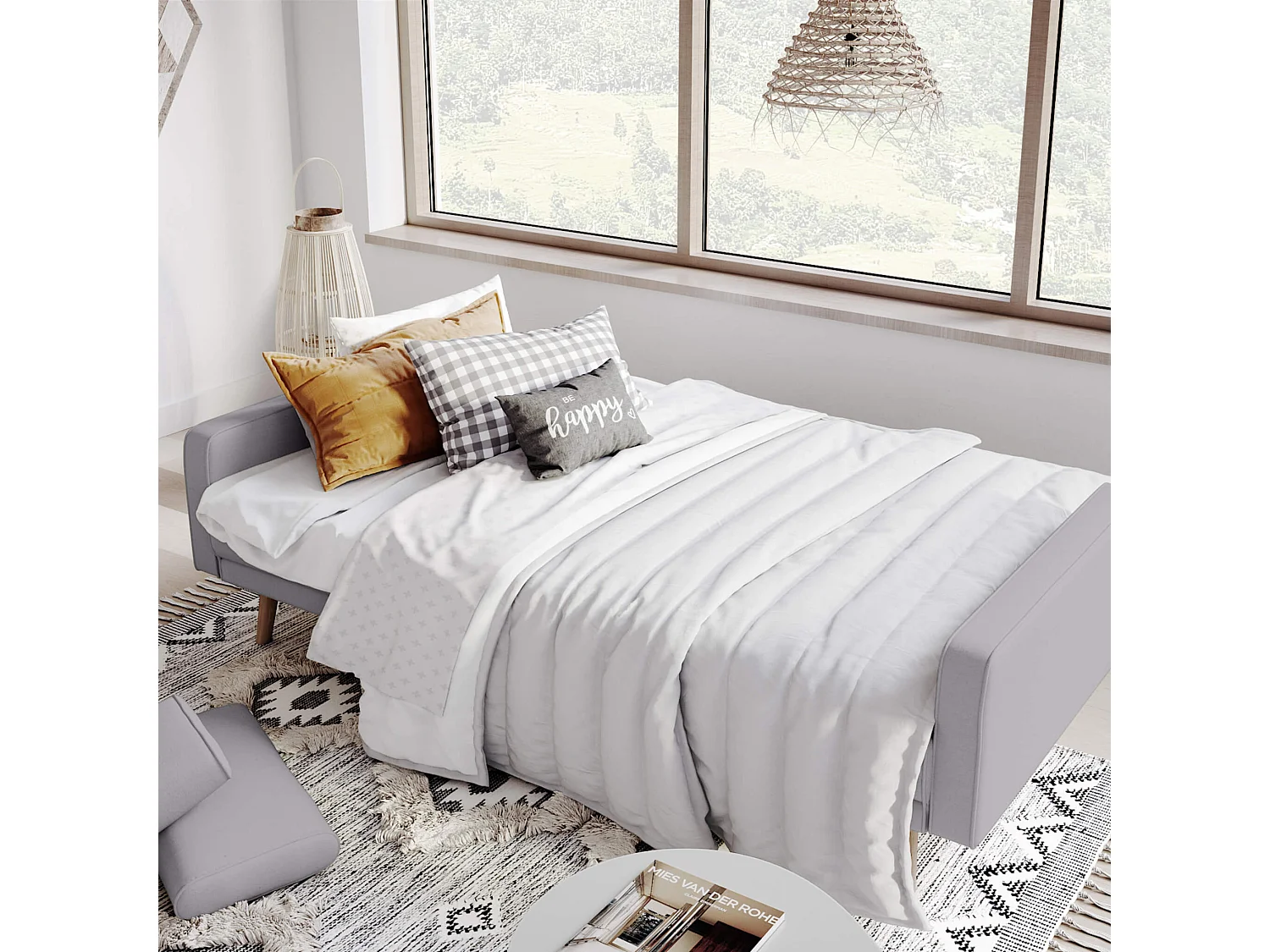 Canapé convertible droit scandinave 3 places en tissu gris clair - CA00001