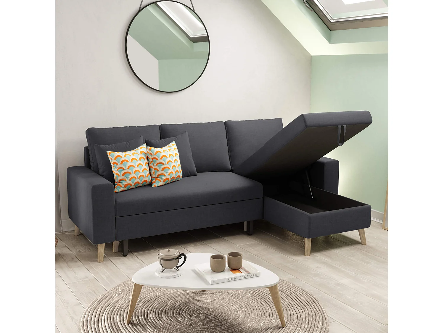 Canapé convertible d'angle scandinave 3 places en tissu anthracite - CA00002