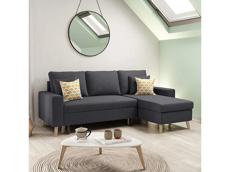 Canapé convertible d'angle scandinave 3 places en tissu anthracite - CA00002