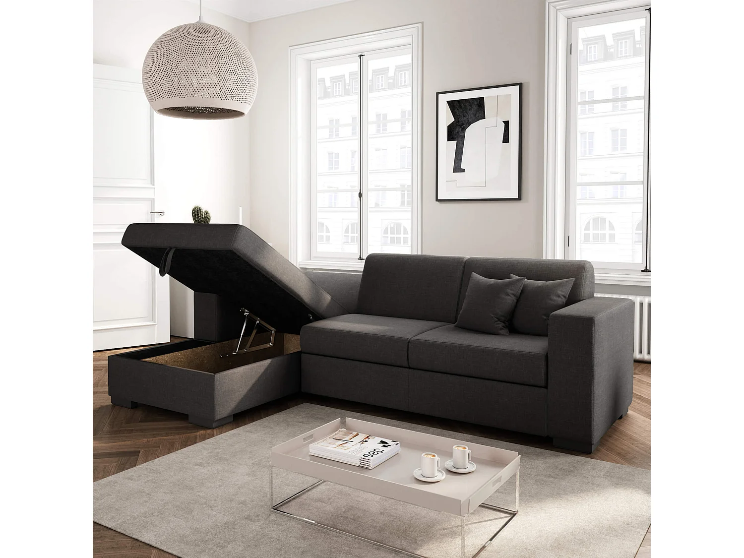 Canapé convertible d'angle gauche 4 places en tissu anthracite - CA00004