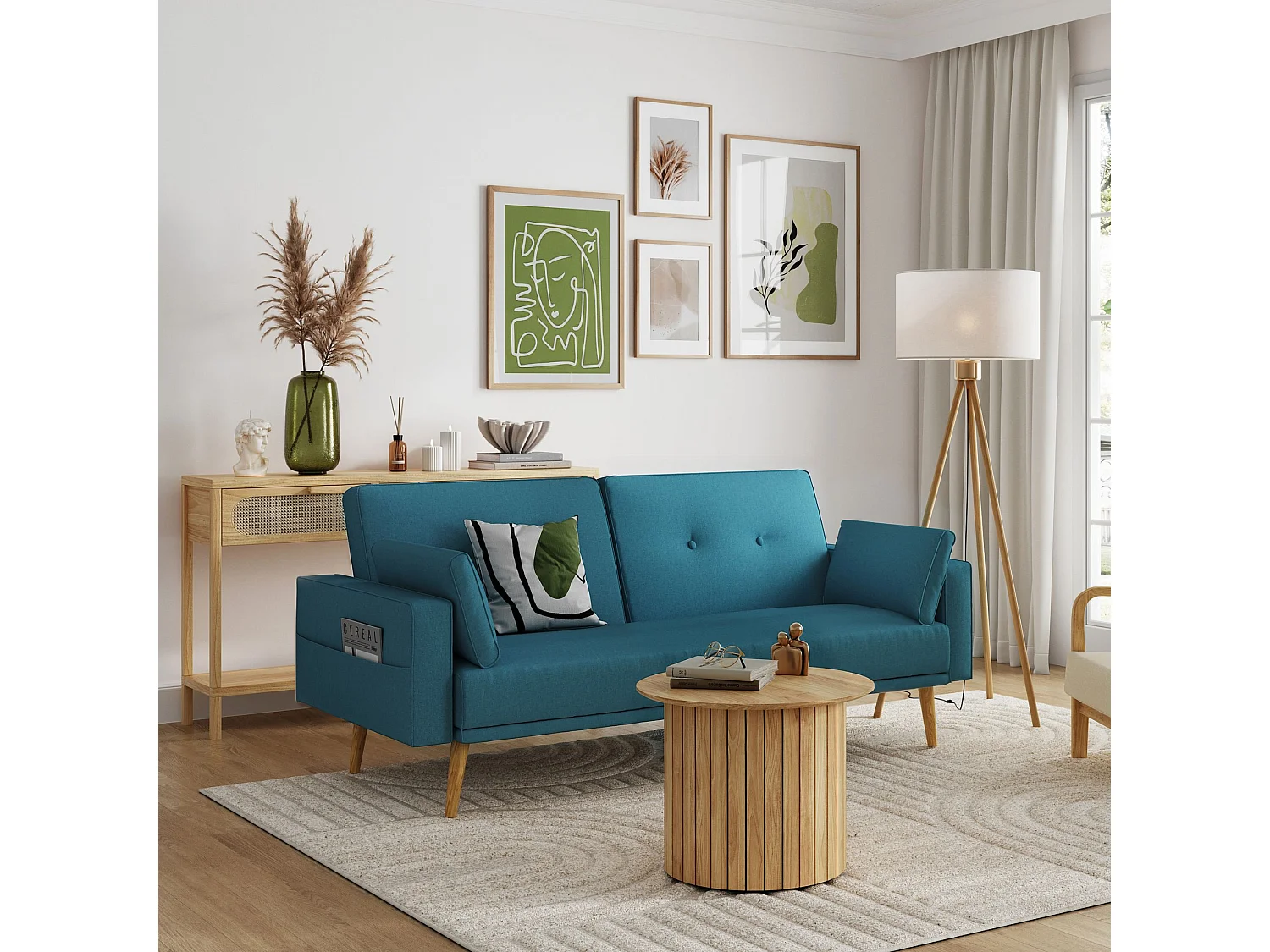 Canapé convertible droit scandinave 3 places en tissu bleu pétrole - CA00001