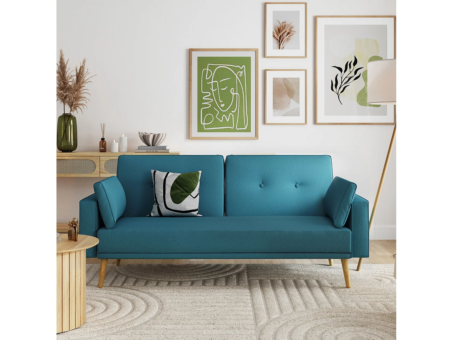 Canapé convertible droit scandinave 3 places en tissu bleu pétrole - CA00001