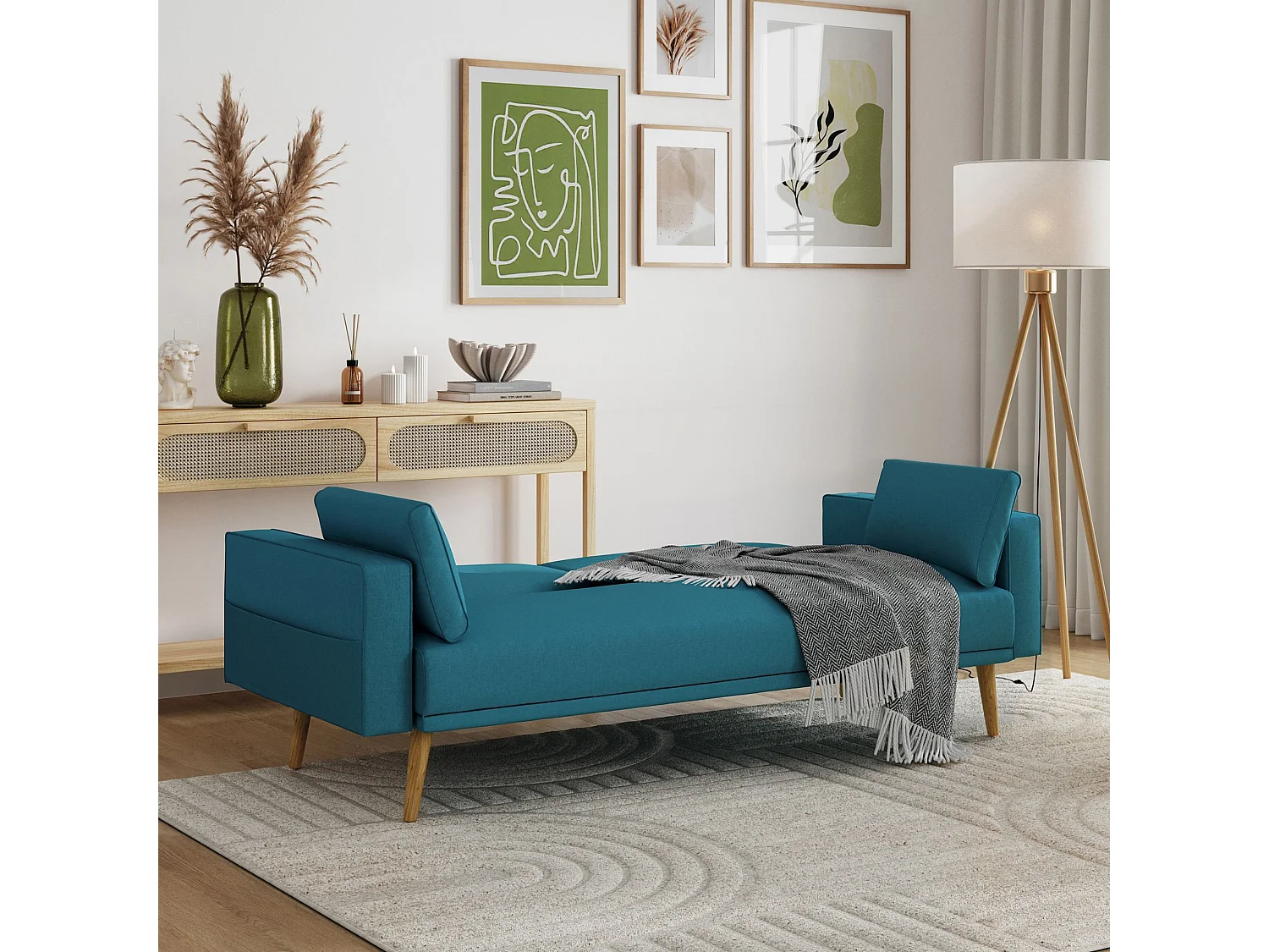 Canapé convertible droit scandinave 3 places en tissu bleu pétrole - CA00001