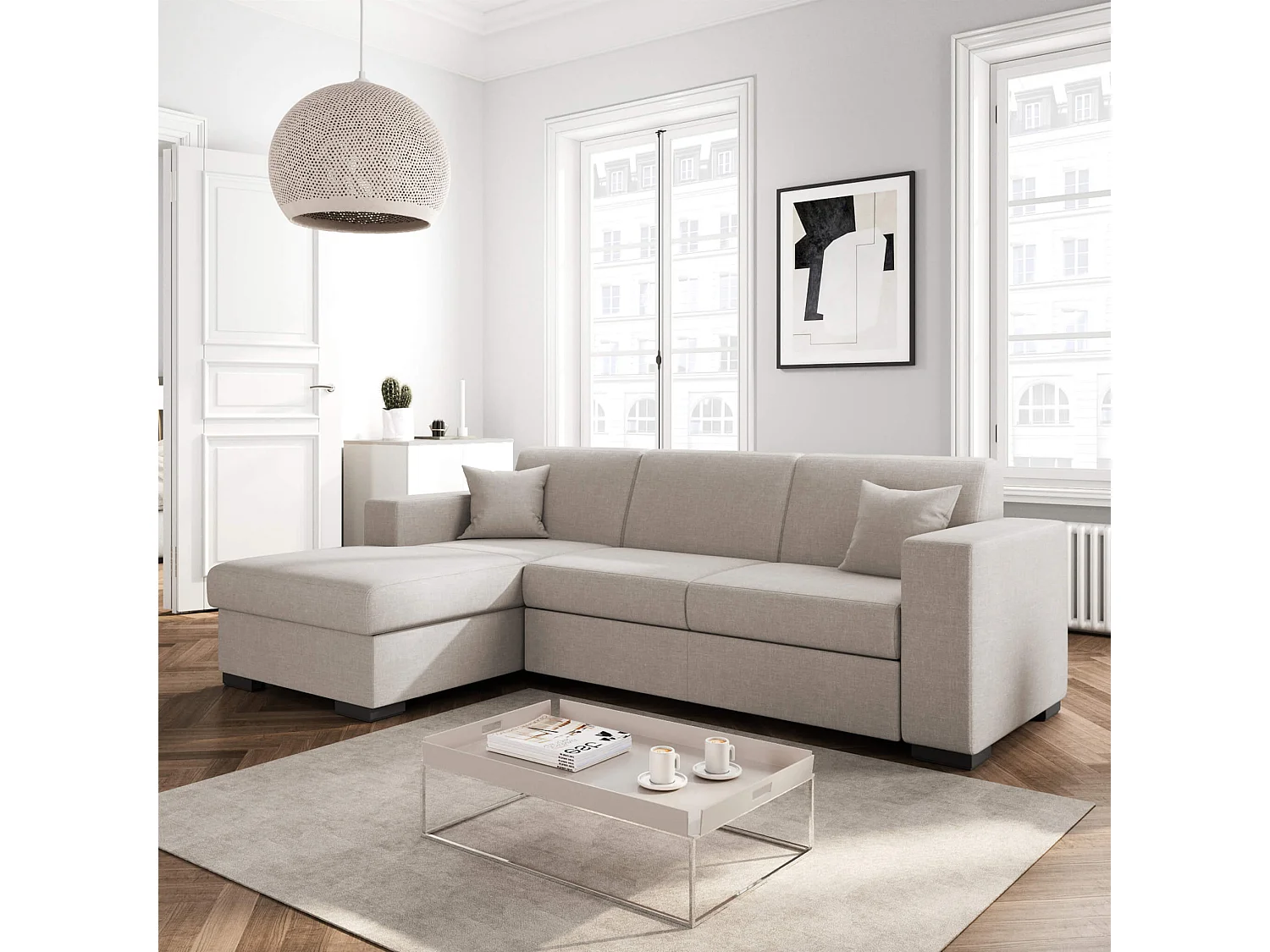 Canapé convertible d'angle gauche 4 places en tissu beige - CA00004