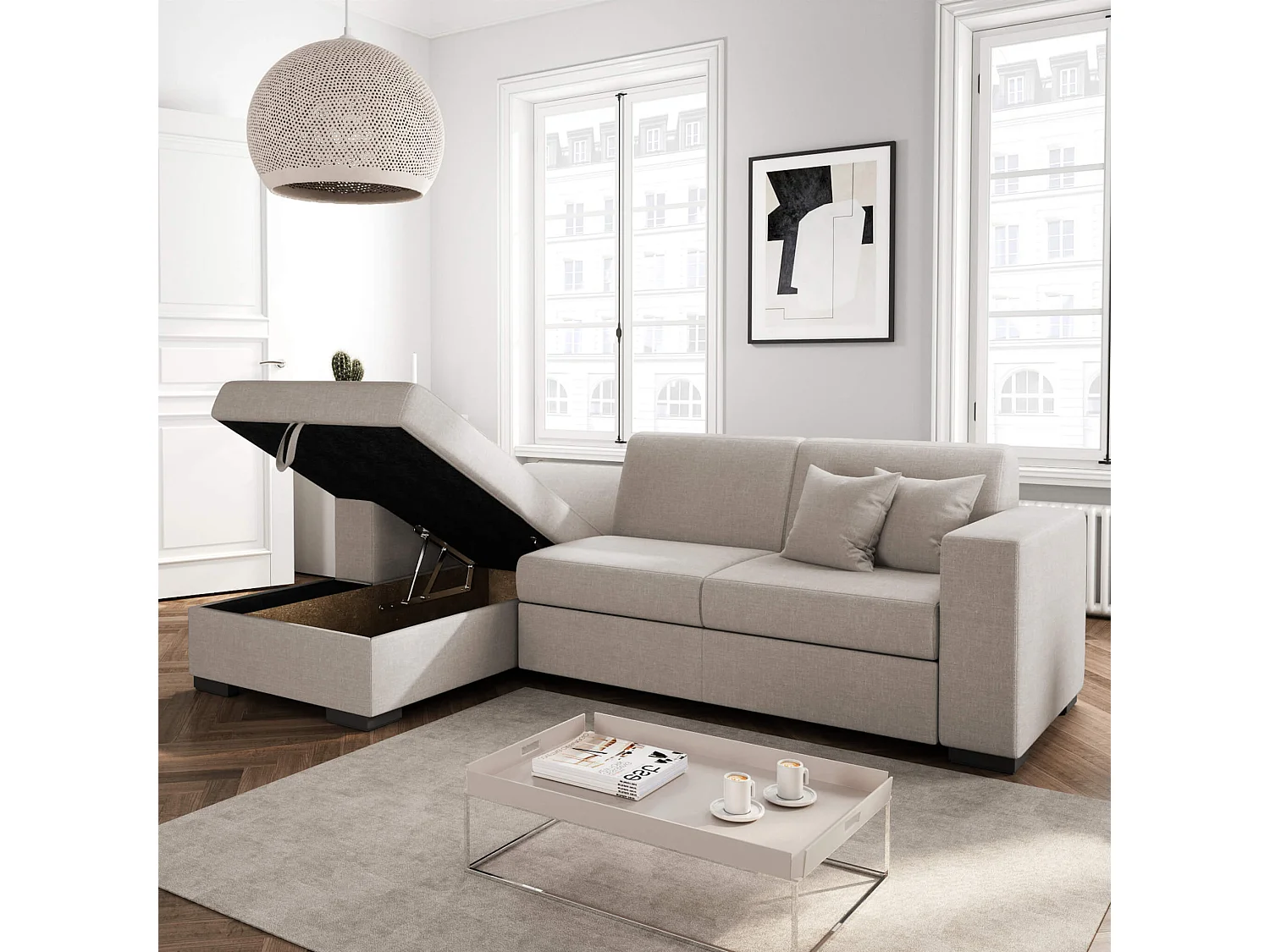 Canapé convertible d'angle gauche 4 places en tissu beige - CA00004