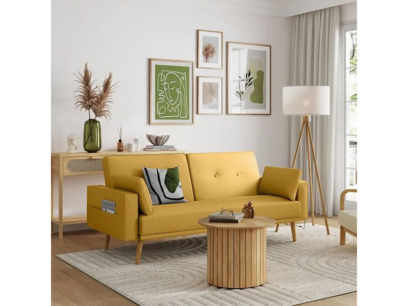 Canapé convertible droit scandinave 3 places en tissu jaune - CA00001