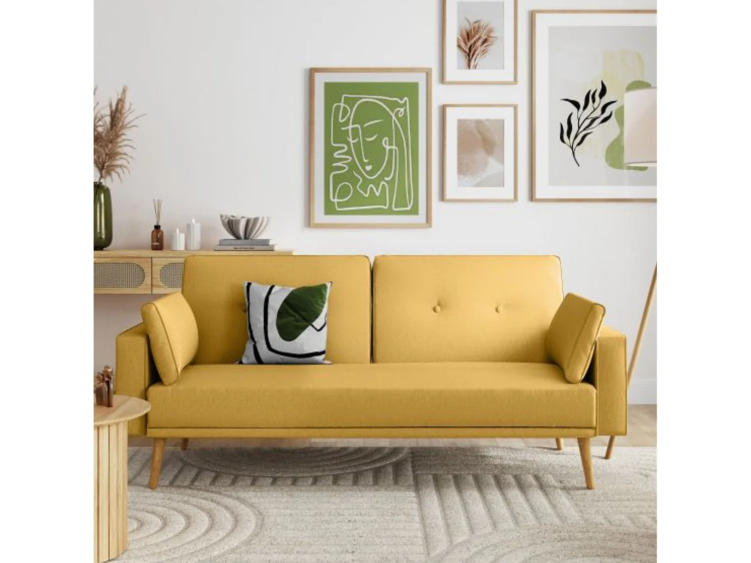 Canapé convertible droit scandinave 3 places en tissu jaune - CA00001