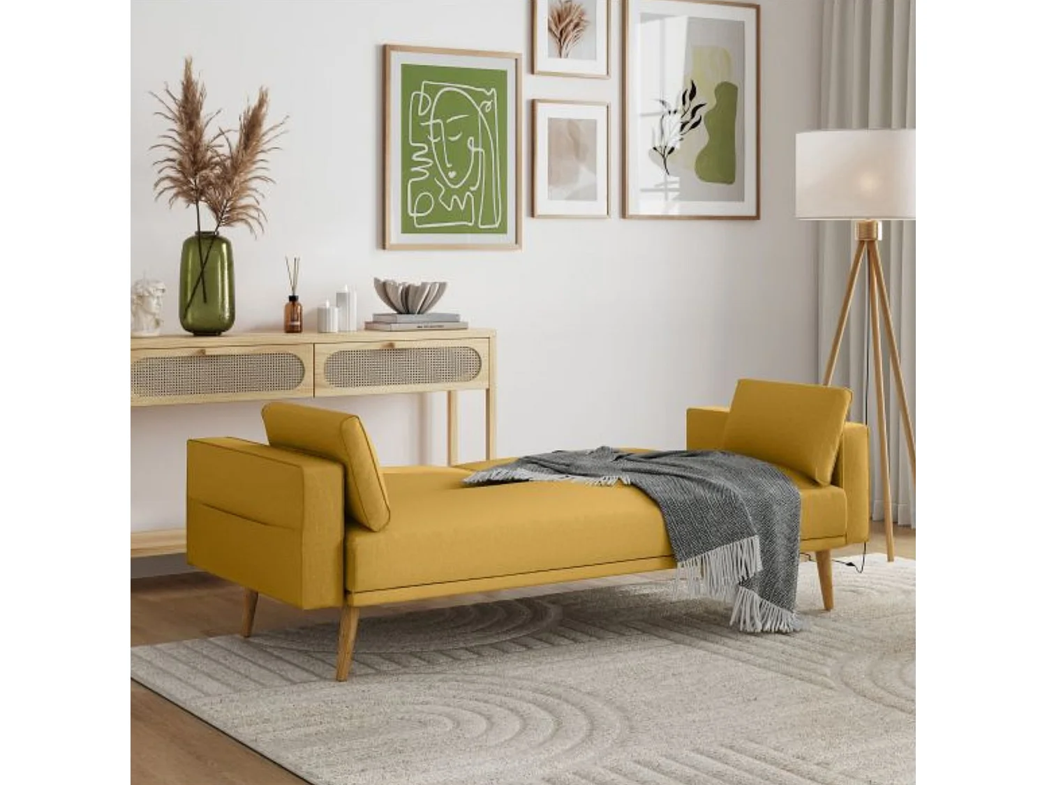 Canapé convertible droit scandinave 3 places en tissu jaune - CA00001
