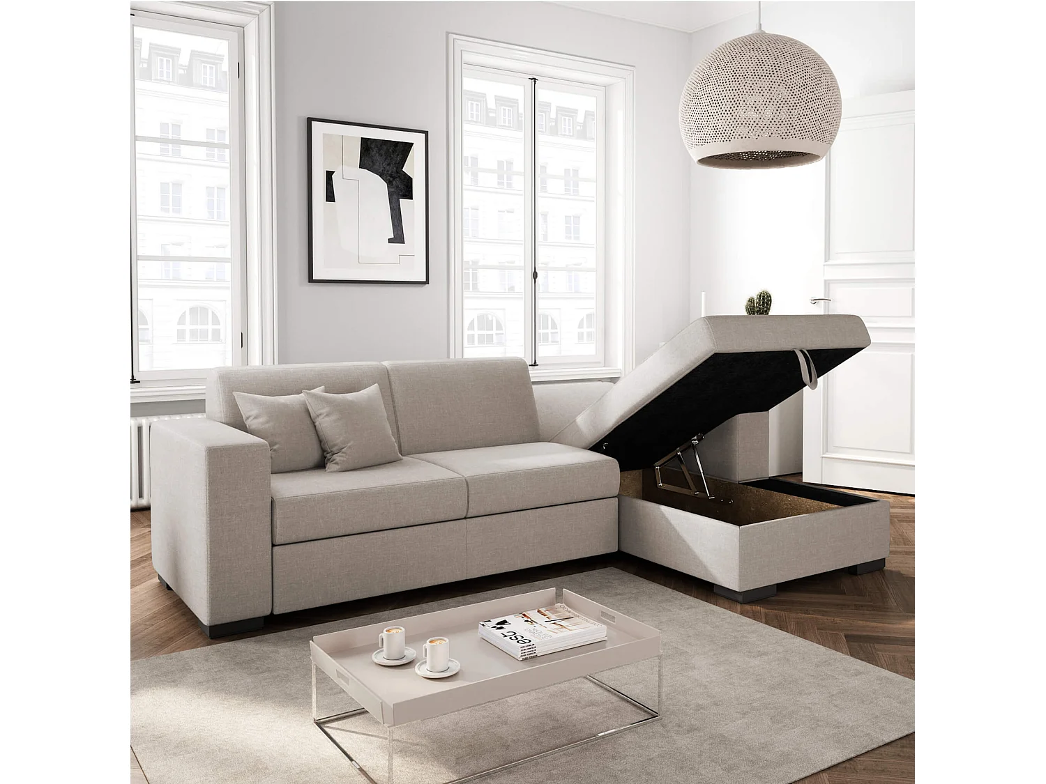 Canapé convertible d'angle droit 4 places en tissu beige - CA00003